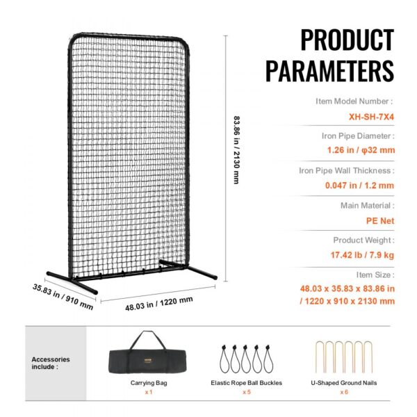 VEVOR pitching net dimensions and accessories with carrying bag, rope ball buckles, and u-shaped nails.