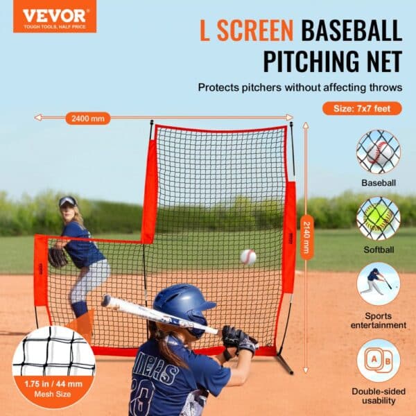 VEVOR baseball safety screen, l screen pitching net, protects pitchers, 7x7 feet, 1.75in mesh size.