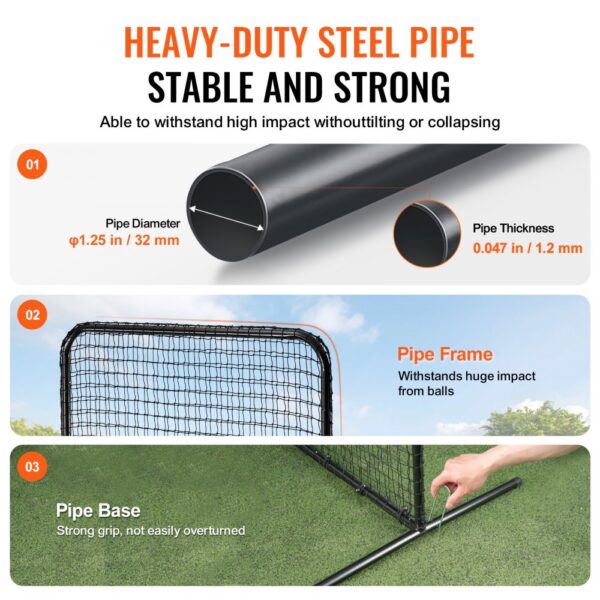 VEVOR baseball batting cage screen with heavy-duty steel pipe, stable frame, and strong base.