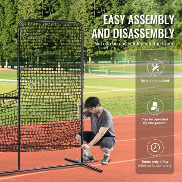 easy assembly and disassembly VEVOR baseball batting cage screen, no tools, one-person setup.