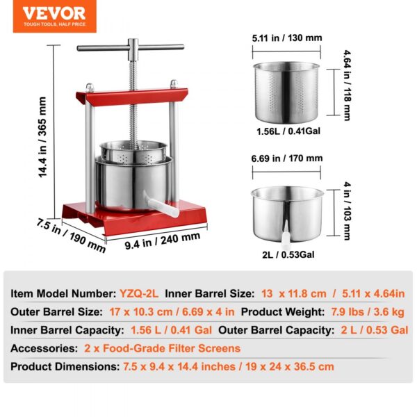 VEVOR fruit wine press with 1.56l and 2l barrels, shown with dimensions and specifications.