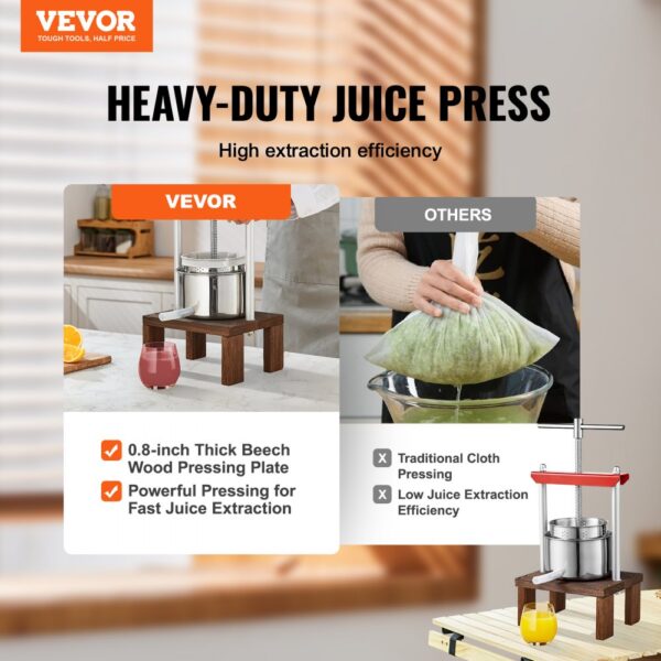 VEVOR fruit wine press with a beech wood pressing plate for efficient juice extraction.