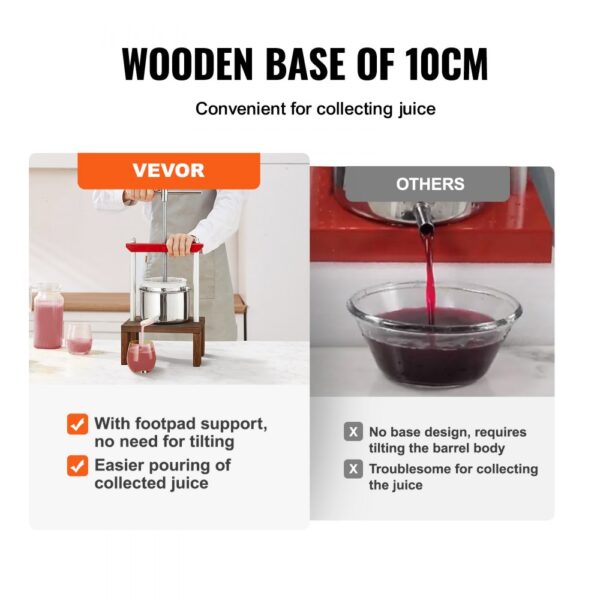 VEVOR fruit wine press with 10cm wooden base for easy juice collection, featuring footpad support.