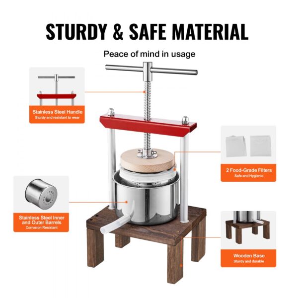 VEVOR fruit wine press with stainless steel handle, wood base, and two food-grade filters.