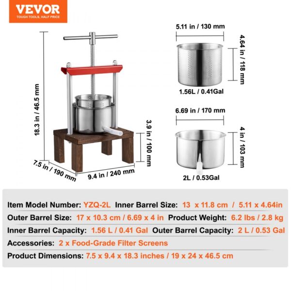 VEVOR fruit wine press with wooden base, dimensions, and stainless steel barrels.