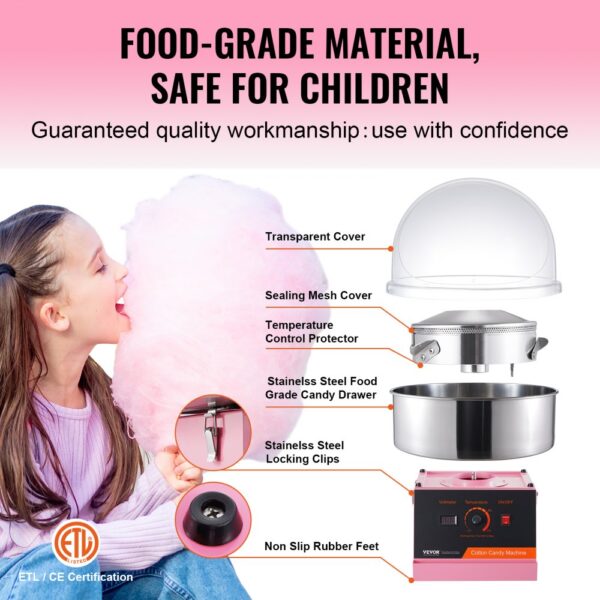 VEVOR Electric Cotton Candy Machine, 1000W Candy Floss Maker, Commercial Cotton Candy Machine with Cover, Stainless Steel Bowl, and Sugar Scoop, Perfect for Home Kids Birthday, Family Party (Pink)