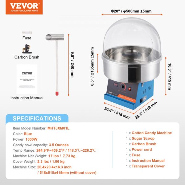 VEVOR Electric Cotton Candy Machine, 1000W Candy Floss Maker, Commercial Cotton Candy Machine with Cover, Stainless Steel Bowl, and Sugar Scoop, Perfect for Home Kids Birthday, Family Party (Blue)