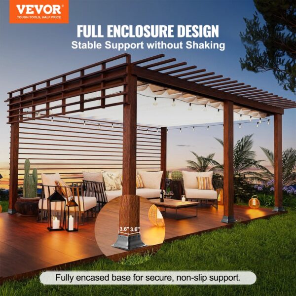 VEVOR post base 4x4 providing stable support for a stylish outdoor pergola with wooden posts and cozy seating.