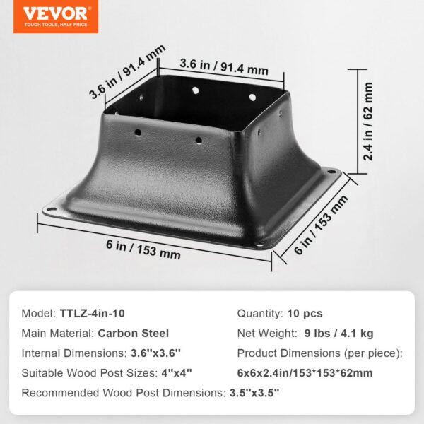 VEVOR post base 4x4 carbon steel dimensions and specifications with black finish