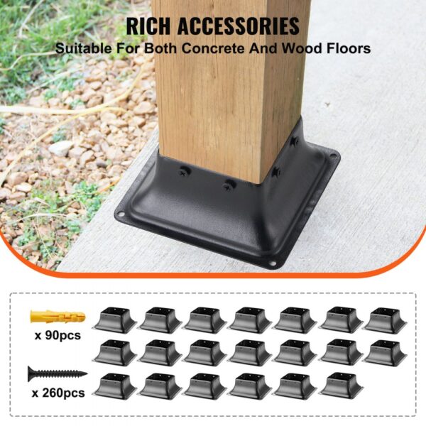 VEVOR 4x4 post base for concrete and wood floors with accessories including screws and anchors.