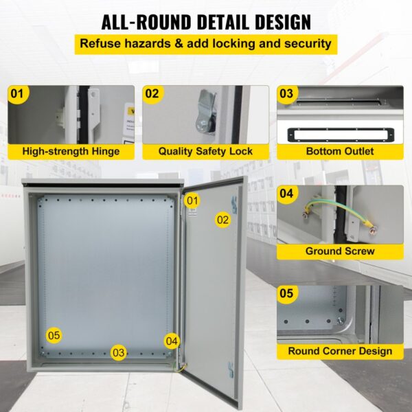 VEVOR electrical enclosure with high-strength hinge, quality safety lock, bottom outlet, ground screw, and round corner design.