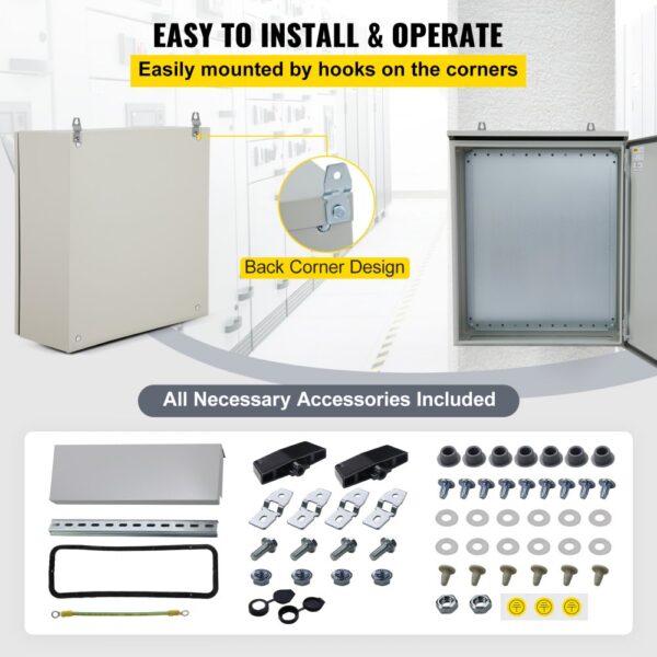 VEVOR electrical enclosure with mounting hooks and included accessories for easy installation.