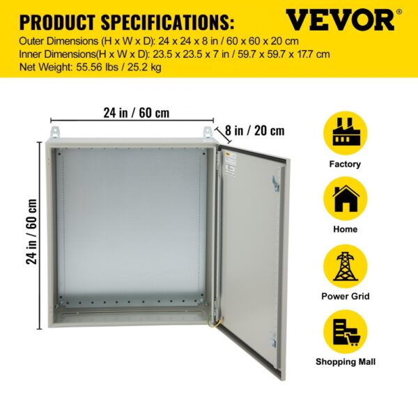 VEVOR electrical enclosure open, showcasing inner space with dimensions and application icons on the side.