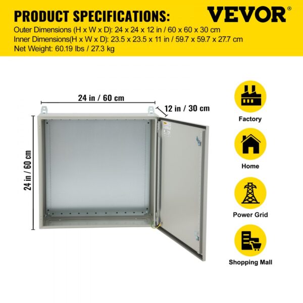 VEVOR electrical enclosure dimensions 24x24x12 in, suitable for factory, home, power grid, and shopping mall.