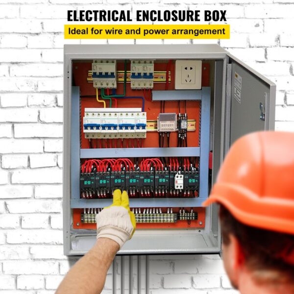 VEVOR electrical enclosure with wiring and circuit breakers, ideal for wire and power arrangement.