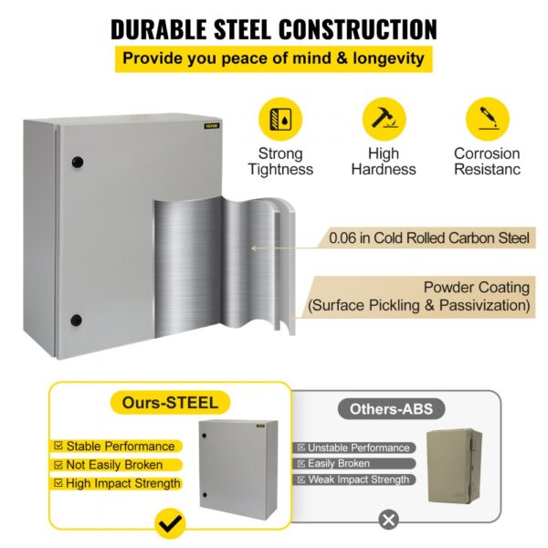 VEVOR electrical enclosure made of durable 0.06 in cold-rolled carbon steel with strong tightness and corrosion resistance.