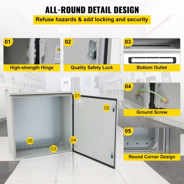 VEVOR electrical enclosure, high-strength hinge, safety lock, bottom outlet, ground screw, round corner design