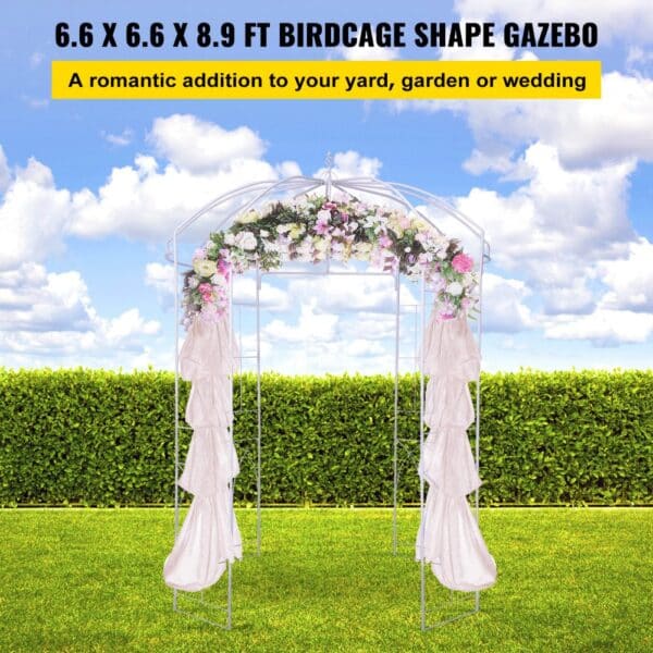 VEVOR garden arbor with floral decorations and draped fabric under a sunny sky.