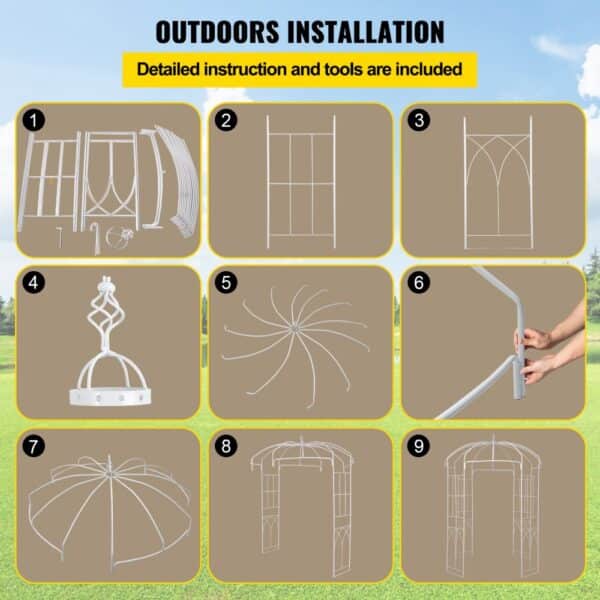 outdoor assembly steps for VEVOR garden arbor with included tools and instructions.