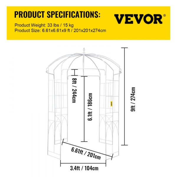 VEVOR garden arbor specifications: size 6.61x6.61x9 ft, weight 33 lbs.