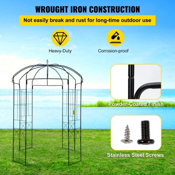 VEVOR garden arbor with wrought iron construction, powder-coated finish, and stainless steel screws.