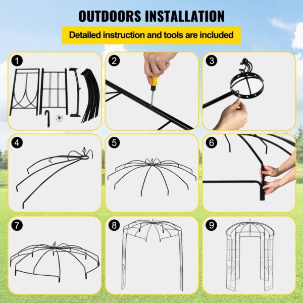 VEVOR garden arbor assembly guide with detailed steps and included tools.