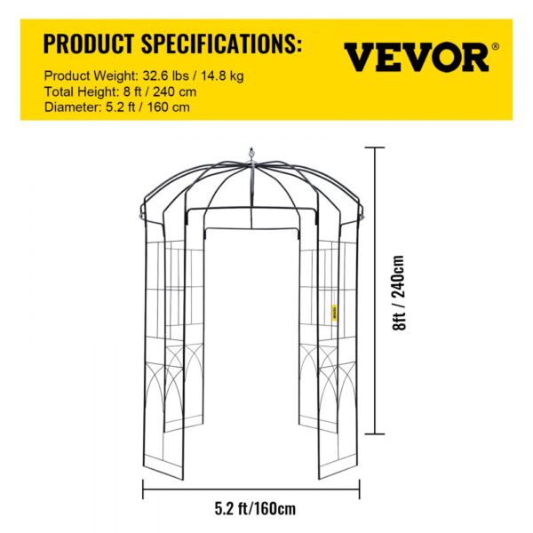 VEVOR garden arbor with 8ft height and 5.2ft diameter. weight: 32.6 lbs/14.8 kg.