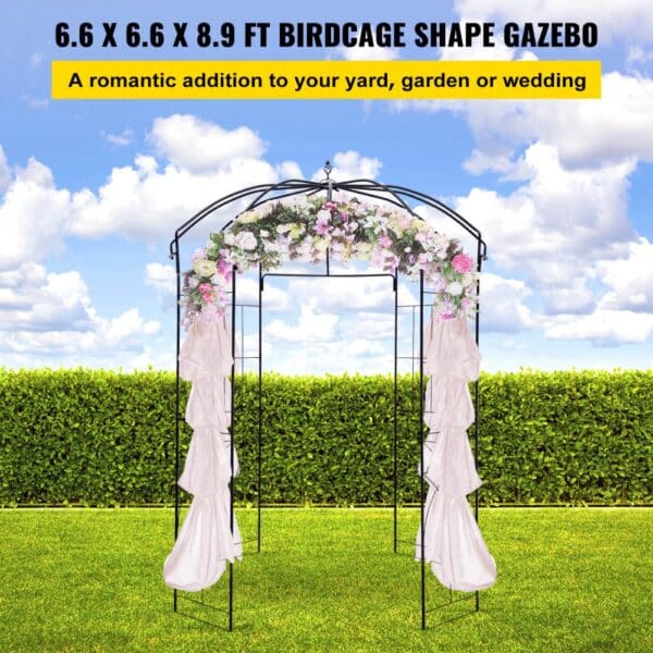 VEVOR garden arbor with floral decorations and draped fabric on a sunny day.