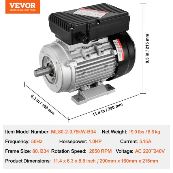 VEVOR 0.75KW Electric Motor 2850RPM AC 220~240V 5.15A 1-Phase 19mm Keyed Shaft