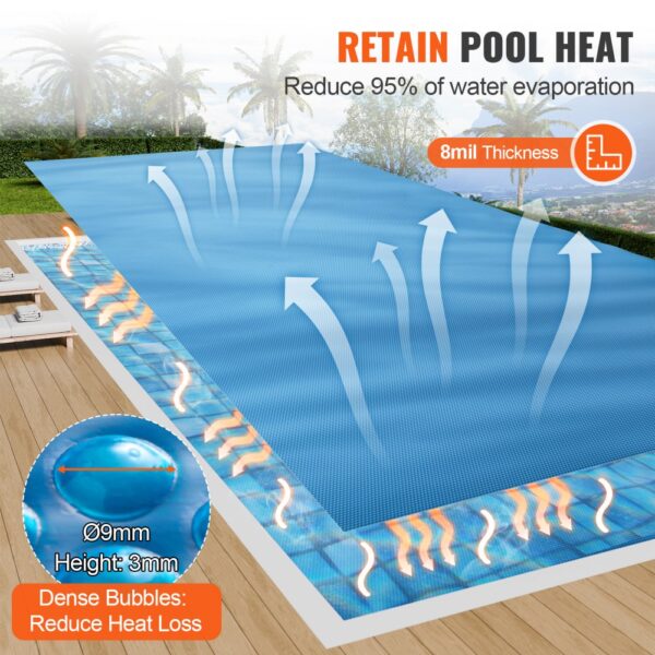 VEVOR solar pool cover retaining heat, reducing evaporation, dense bubbles, 8mil thickness.