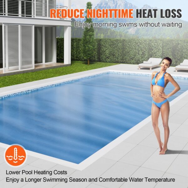 VEVOR solar pool cover reduces heat loss, keeps pool warm, and saves on heating costs for morning swims.