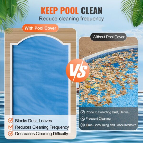 comparison of clean pool with VEVOR solar pool cover vs dirty pool without cover; text highlights benefits.