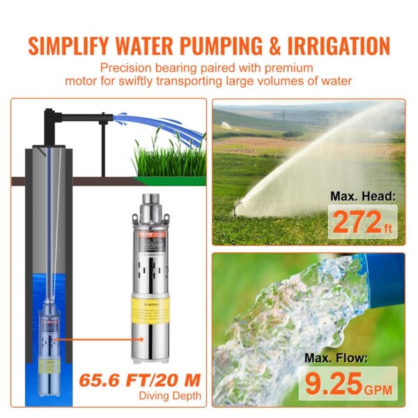 VEVOR solar water pump for irrigation, 65.6 ft diving depth, max head 272 ft, max flow 9.25 gpm.