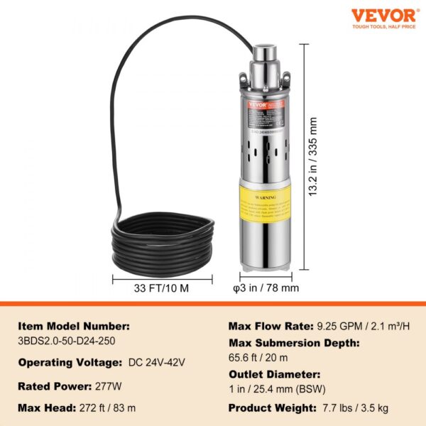 VEVOR solar water pump with 33ft cable, 13.2in height, 3in diameter. dc 24v-42v, 277w, max head 272ft.