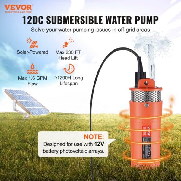 VEVOR 12v submersible water pump, solar-powered, max 1.6 gpm flow, 230 ft lift.