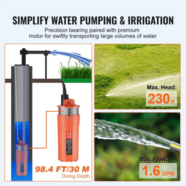 VEVOR solar water pump for irrigation with 98.4 ft diving depth, 230 ft head, and 1.6 gpm max flow.