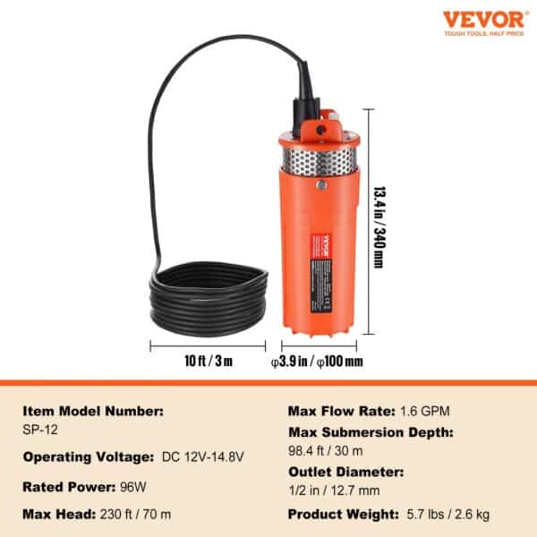 VEVOR solar water pump with 96w power, max head 230 ft, and 13.4 in height, ideal for submersion up to 98.4 ft.