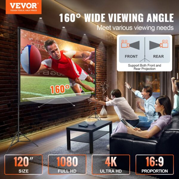 VEVOR projector screen showcasing 160° wide viewing angle, 120" size, 1080p full hd, and 4k ultra hd.