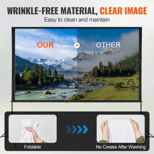 VEVOR projector screen: wrinkle-free, foldable, easy to clean, clear image quality, no creases after washing.