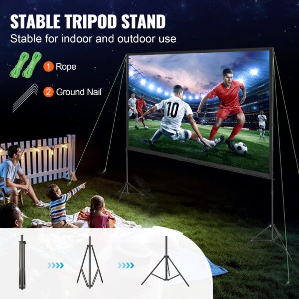 VEVOR projector screen with stable tripod stand for outdoor movie night, featuring ropes and ground nails.