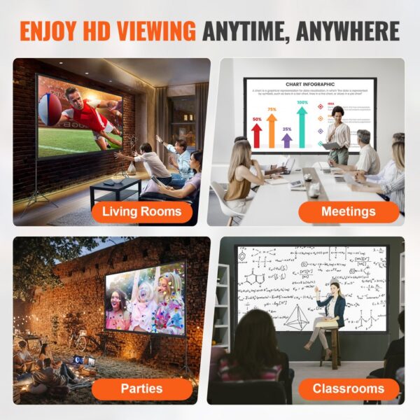 VEVOR projector screen for hd viewing in living rooms, meetings, parties, and classrooms.