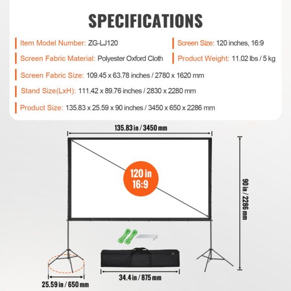 VEVOR projector screen specifications: 120 inches, 16:9, polyester oxford cloth, includes setup kit and carry bag.