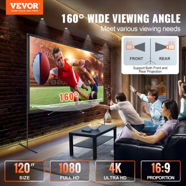 VEVOR projector screen with 160° wide viewing angle, 1080p full hd, 120", 4k ultra hd, 16:9 aspect ratio.