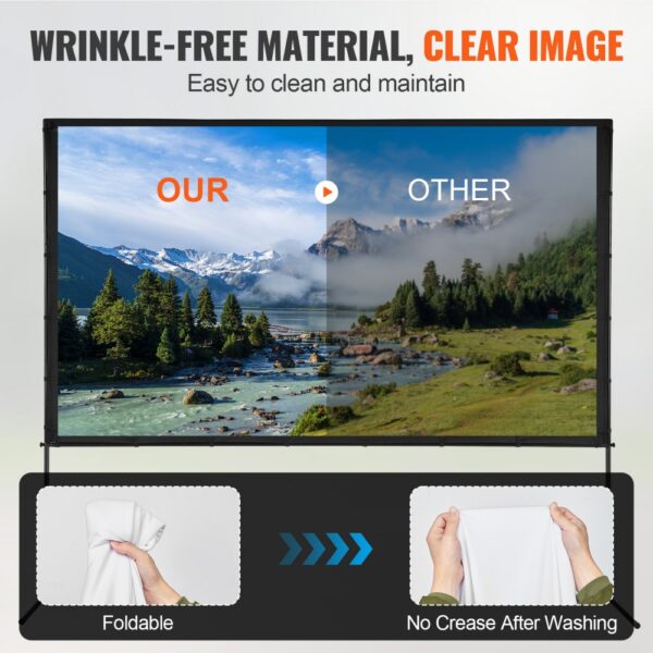 VEVOR projector screen with clear image, wrinkle-free material, foldable, and no creases after washing.