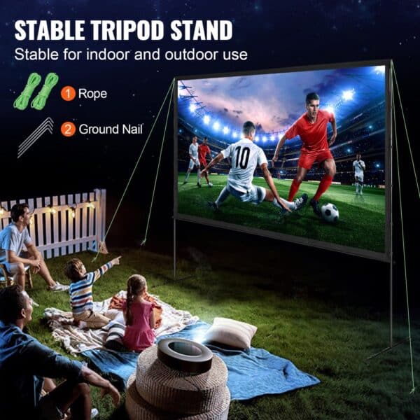 VEVOR projector screen outdoor setup with family watching a soccer match on a stable tripod stand.