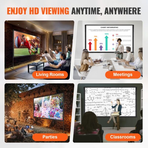 enjoy hd viewing with VEVOR projector screen in living rooms, meetings, parties, and classrooms.