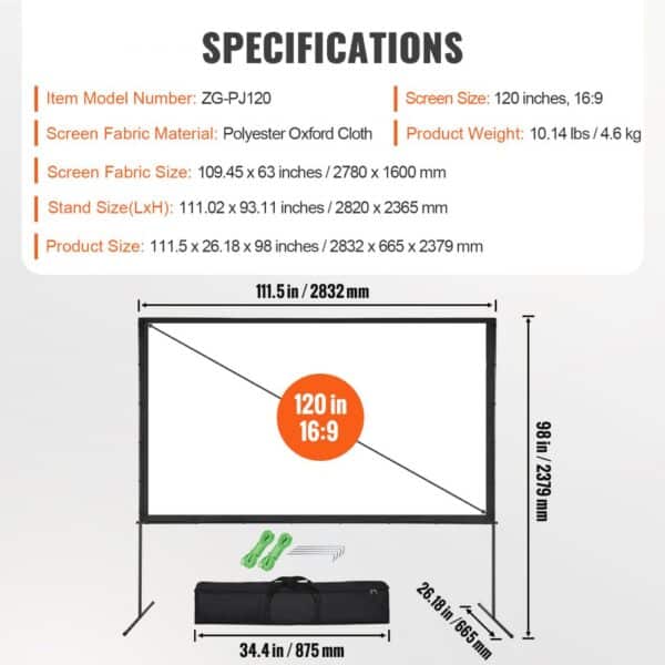 specifications for 120-inch VEVOR projector screen with measurements and carrying case included.