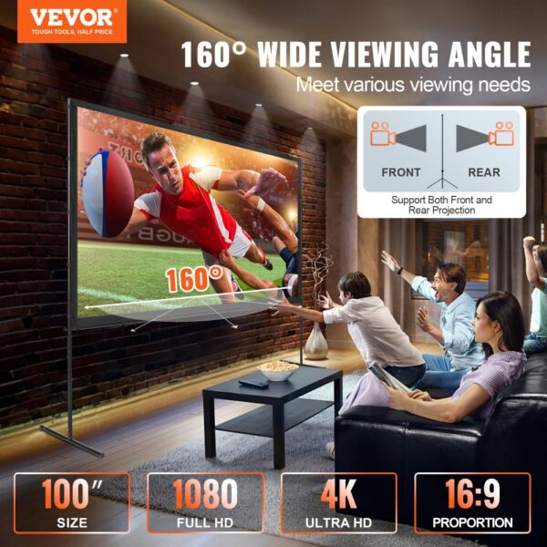 VEVOR projector screen, 160° viewing angle, 100" size, 1080 full hd, 4k ultra hd, 16:9 proportion.