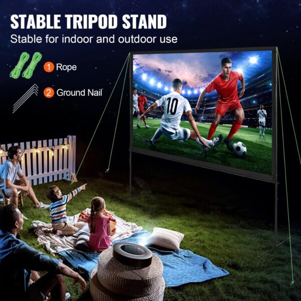 outdoor family watching soccer match on VEVOR projector screen with stable tripod stand, ropes, and nails.