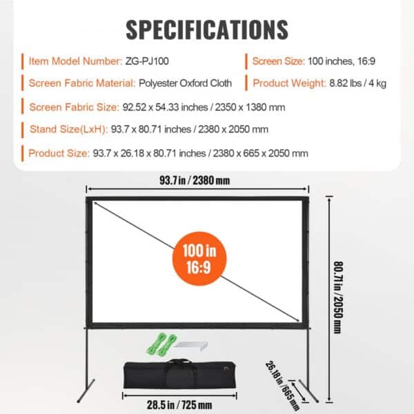 VEVOR projector screen specifications with dimensions, 100 inches, 16:9 aspect ratio, and carrying bag.